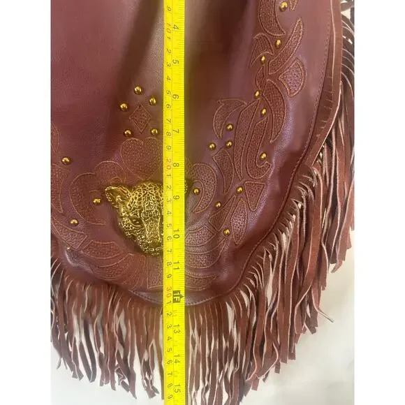 SHARIF Brown Goat Leather & Fringe with Metal Cougar Head Hobo Purse - Picture 4 of 6